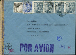 SPANIEN 1943 (21.7.) Franco 50 C. (4x), 70 C. U.a. A.Vordr.Bf.: BAYER, Rs.Ra2: CENSURA GUBERNATIVA/BARCELONA (Wo.III-1)  - Chimie