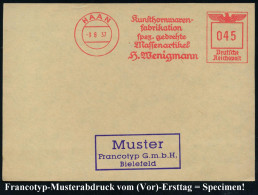 HAAN/ Kunsthornwaren-/ Fabrikation/ ..Massenartikel/ H.Wenigmann 1937 (9.8.) AFS-Musterabdruck Francotyp "Reichsadler" , - Chimie