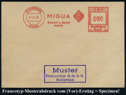 BLANKENBURG/ (HARZ)/ MIGUA/ Gummi-u./ Asbest-/ Waren 1934 (17.12.) AFS-Musterabdruck Francotyp "Hakenkreuz" , Glasklar G - Scheikunde