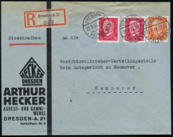 DRESDEN-/ ALST.21/ E 1932 (29.9.) 1K-Brücke Auf 12 Pf. U. 2x 15 Pf. Hindenbg. Je Firmenlochung "A H" = A Rthur Hecker +  - Scheikunde