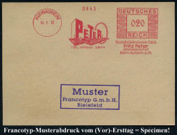 KLEINAUHEIM/ PETER../ Hessische Gummiwaren-Fabrik/ Fritz Peter/ AG.. 1932 (14.1.) AFS-Musterabdruck Francotyp "Mäanderre - Chemie