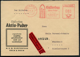 (22c) KÖLN 1/ Klosterfrau/ Aktiv Puder.. 1954 (3.8.) AFS 080 Pf. = 3 Nonnen (im Spitzbogenfenster) Reklame-Brief: Kloste - Scheikunde