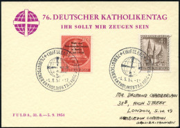 (16) FULDA 1/ 76.DEUTSCHER KATHOLIKENTAG 1954 (4.9.) SSt = Kreuz Vor Globus 2x Auf Motivgl. Sonder-Kt.! (Michaelis Nr.2  - Christianisme