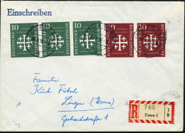 B.R.D. 1956 (8.8.) Evangel. Kirchentag 10 Pf.: 3er-Streifen U. 20 Pf.: Paar, Satzreine Frankatur + RZ: Essen 1, Klar Ges - Christianity