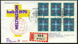 B.R.D. 1970 (4.9.) 20 Pf. "83. Deutscher Katholikentag Trier", Reine MeF: 6er-Block (Kreuz Mit Strahlen) + + ET-SSt: 55  - Christianisme