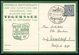 Tegernsee/ 746-1946 1946 (29.9.) SSt = Kloster Tegernsee , Klar Gest. Jubil.-Sonder-Kt.: OFFIZ. FESTPOSTKARTE ZUR 1200 J - Klöster