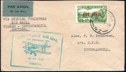 NEUSEELAND 1931 (24.12.) Weihnachts-Sonderflug "Timaru - Invercargill" (AS) 5 P./3 P. Flp.-Provisorium + Grüner Flp.-HdN - Noël