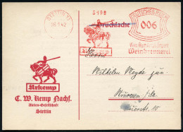 STETTIN 11/ Urkemp/ Wein Rum Arrak Jmport/ Weinbrennerei 1942 (26.1.) AFS Francotyp = Kreuzritter Zu Pferd (mit Schild U - Other & Unclassified