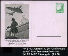 Dessau 1938 (9.1.) PP 5 Pf. Adler, Grün: Der Alte U. Der Große Dessauer = Junkers "Ju 90" über Denkmal Des "Alten Dessau - Autres & Non Classés