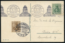 LEIPZIG/ WEIHE DES/ VÖLKERSCHLACHT/ DENKMALS 1913 (18.10.) Band-MWSt (Völkerschlacht-Denkmal) + SSt.: LEIPZIG/ INTERN. B - Napoleon