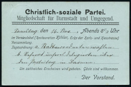 DARMSTADT/ *2b 1901 (14.11.) 1K-Gitter Auf Amtl. Orts-P. 2 Pf. Germania + Rs. Zudruck: Christlich-soziale Partei.. Darms - Autres & Non Classés