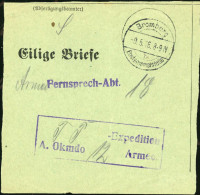 Bromberg/ B/ Postsammelstelle 1915 (23.8.) 1K-Brücke Auf Grünem Vorbindezettel: Eilige Briefe An Garde-Fernsprech-Abt.,  - Guerre Mondiale (Première)