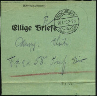FRANKFURT (ODER)/ A/ Postsammelstelle 1916 (28.1.) 1K-Brücke Auf Grünem Vorbindezettel: "Eilige Briefe" (Form F2 Va) An  - WW1