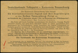 BRAUNSCHWEIG/ *1I 1921 (31.8.) PFS 15 Pf. Ziermuster Auf Vordr.-Kt.: Deutschnationale Volkspartei.. Sedan-Tannenberg (ob - Autres & Non Classés