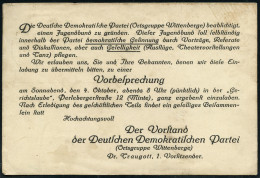 WITTENBERGE/ *(Bz POTSDAM)1b 1919 (3.10.) 1K-Brücke Auf Einladungs-Kt Zur Gründung Eines Partei-Jugendbundes Der Deutsch - Sonstige & Ohne Zuordnung
