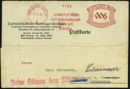 DRESDEN-ALTST./ 1/ Landwirtschaftliche/ Zentralgenossenschaft/ E.G.m.b.H. 1936 (27.3.) AFS + Seltener, Roter Propaganda- - Andere