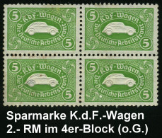 DEUTSCHES REICH 1938 Grüne Sparmarke 5.- RM  "K D F - Wagen" , Die Deutsche Arbeitsfront,  4er-Block (VW -Blinddruck) O. - Other & Unclassified