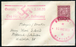 Postamt/ Grottau 1938 (15.10.) Roter 2K Mit 2 Hakenkreuzen Auf EF CSR 30 H. Freimarke + Roter HdN: Grottau 3.10.38/ Tag  - Sonstige & Ohne Zuordnung