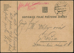 TSCHECHOSLOWAKEI 1938 (8.10.) 2K: POLNI POSTA 45/*** + Roter 1L: Censurovano = Wo. Unbekannt! + Hs. Vermerke, Feldpost-Z - Sonstige & Ohne Zuordnung