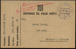 TSCHECHOSLOWAKEI 1938 (2.11.) Feldpost-2K: POLNI POSTA 23/b/*** + Rote, Hs. Zensur: "Censurovano" + Name (Wo.1) Klar Ges - Otros & Sin Clasificación