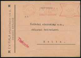 BÖHMEN & MÄHREN 1943 (29.3.) AFS Francotyp: KÖNIGGRÄTZ 1/HRADEC KRALOVE 1/F.V.FIALA/S.S.R.O. , Firmenkarte Mit Bergbauhä - Otros & Sin Clasificación