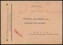 BÖHMEN & MÄHREN 1943 (29.3.) AFS Francotyp: KÖNIGGRÄTZ 1/HRADEC KRALOVE 1/F.V.FIALA/S.S.R.O. , Firmenkarte Mit Bergbauhä - Autres & Non Classés
