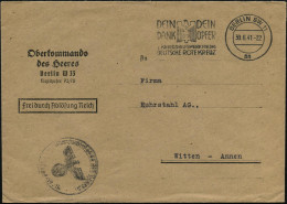 BERLIN SW11/ An/ ..2.KRIEGSWHW FÜR DAS/ DEUTSCHE ROTE KREUZ 1941 (30.6.) MWSt (RK-Logo) Dienst-Bf.: Oberkommando Des  He - WO2