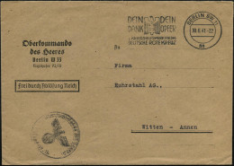BERLIN SW11/ An/ ..2.KRIEGSWHW FÜR DAS/ DEUTSCHE ROTE KREUZ 1941 (30.6.) MWSt (RK-Logo) Dienst-Bf.: Oberkommando Des  He - WW2