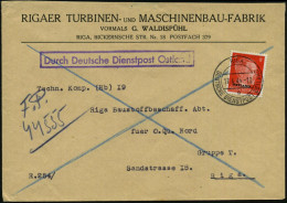 DT.BES.LETTLAND 1944 (17.4.) 2K-Steg: RIGA/o/DDPO, EF 8 Pf. Hitler (Mi.6 EF) + Viol. Ra.: DDPO, Firmen-Bf.: RIGAER TURBI - 2. Weltkrieg