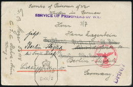 GROSSBRITANNIEN /  INDIEN /  DEUTSCHES REICH 1944 (19.1.) Viol. 1L: SERVICE OF PRISONERS OF WAR + Brit. Zensur-8-Eck: PA - WW2