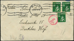 NORWEGEN 1941 (3.2.) 10 Öre Wappenlowe, 3 Stück + Bd.MaSt.: OSLO/Br. + Roter OKW-Zensur-1K: A B + Rs. OKW-Zensurstreifen - WO2