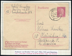 DRESDEN N 60/ B 1945 (9.3.) 2K-Steg Auf Fern-P. 6 Pf. Hitler "Der Führer Kennt Nur Kampf.." (Mi.P 314) Text: "..sonst Ge - WW2