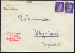 FREYUNG (v WALD)/ B 1943 (9.6.) 2K-Steg Auf 2x 6 Pf. Hitler (1x Kl. Schürfung) + Roter 4L: K. L. V. Lager/ H J - Heim/ F - Other