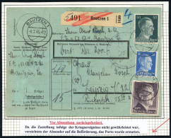 BAUTZEN 1/ C 1945 (8.2.) 2K-Steg Mehrfach Auf Hitler 20 Pf., 50 Pf. U. 2 RM + Schw. Paket-Zettel: Bautzen 1, Rot Durchge - Guerre Mondiale (Seconde)