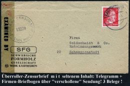 KAUFBEUREN 1945 (29.3.) 1K-Brücke Auf EF 12 Pf. Hitler + US-Zensur-1K: MILITARY CENSORSHIP/13279/CIVIL MAILS + Klebestre - WW2