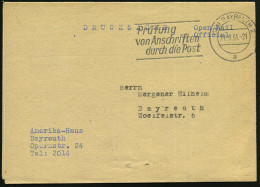 (13a) BAYREUTH 2/ A/ Prüfung/ V.Anschriften.. 1951 (27.9.) MWSt Auf Portofreier Falt-Dienst-Bf.: Amerika-Haus-Programm , - WO2