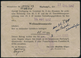 MARBURG/ A/ +(LAHN)2 1948 (8.1.) 1K-Brücke + Viol. 2K-HdN: Grosshessisches/ Staatsministerium/Der Minister Für Wiederauf - 2. Weltkrieg