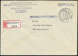 (13b) MÜNCHEN 8 1955 (7.9.) 2K-Steg + Viol. 6L: UNITED STATES AIR FORCE/HISTORICAL RESEARCH DIVISION../HOTEL STADT ROSEN - WW2