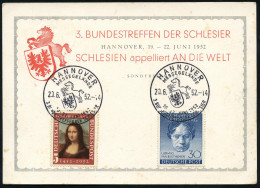 HANNOVER/ MESSEGELÄNDE/ 3.BUNDESTREFFEN DER SCHLESIER 1952 (22.6.) SSt (Pferd, Wappen) Klar Auf 30 Pf. Beethoven (Mi.Bln - Refugees