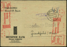 KOBLENZ 2/ T 1947 (19.3.) 2K-Steg + Viol. Ra.2: Gebühr/bezahlt + Aptierter AFS Francotyp: FRANKFURT (MAIN)/9/DB/ DRESDNE - Otros & Sin Clasificación