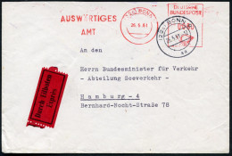 (22c) BONN 1/ AUSWÄRTIGES/ AMT 1961 (26.5.) AFS Postalia 0080 Pf. + 2K-Steg: (22 C) BONN 9/aa, Minister = Heinr. Von Bre - Autres & Non Classés
