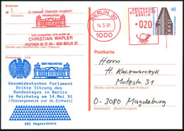 1000 BERLIN 30/ ..DER REICHSTAG.. 1991 (14.5.) AFS 020 Pf. = Reichstag Als VE Auf Amtl. P 40 Pf. Chilehaus + Zudruck: Ge - Autres & Non Classés