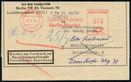 (1) BERLIN NW40/ Justizbehörden/ Berlin-Moabit 1955 (24.3.) AFS Francotyp 070 Pf. + Rs.postamtl. 4L: Nicht Angetroffen/N - Other & Unclassified