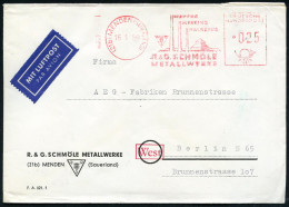 (21b) MENDEN (SAUERLAND)/ R. & G.SCHMÖLE/ METALLWERKE.. 1959 (16.1.) AFS Francotyp 025 Pf. (3 Kamine Etc.) + Roter Ra.:  - Sonstige & Ohne Zuordnung