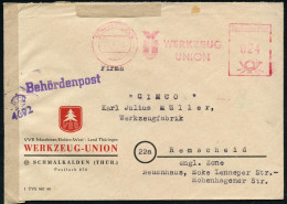 SCHMALKALDEN/ WERKZEUG/ UNION 1949 (27.8.) AFS Francotyp "Posthorn" + Viol. 1L: Behördenpost + Viol. Brit. Zensur-HdN: 4 - Autres & Non Classés