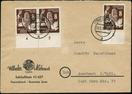 D.D.R. 1951 (25.6.) 8 Pf. "Frieden" Randpaar + Rand-Einzelstück = Hand Vor Brandbombe/Friedenstaube , Klar Gest. (GERA 4 - Autres & Non Classés