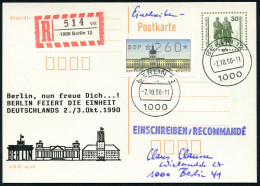 1000 BERLIN 12/ Ak 1990 (2.10.) 1K-Segment 2x Auf Amtl. P 30 Pf. VGO Goethe/Schiller + Zudruck: ..BERLIN FEIERT DIE EINH - Other & Unclassified