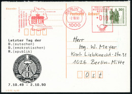 1000 BERLIN 30/ PHILATELIE GRENZENLOS/ BERLIN.. 1990 (2.10.) AFS Francotyp 10 Pf. = Brandenbg. Tor Als VE Auf Amtl. Antw - Autres & Non Classés