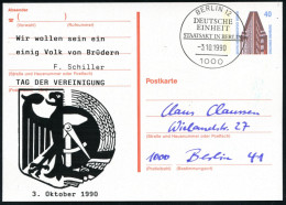 1000 BERLIN 12/ DEUTSCHE/ EINHEIT/ STAATSAKT IN BERLIN 1990 (3.10.) SSt = Postamt Reichstag Auf Amtl. P 40 Pf. Chilehaus - Autres & Non Classés