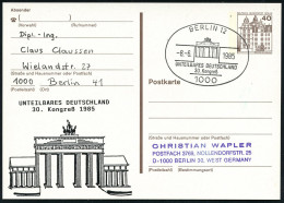 1000 BERLIN 12/ UNTEILBARES DEUTSCHLAND/ 30.Kongreß 1985 (8.6.) SSt = Brandenbg. Tor Auf Amtl. P 40 Pf. Bauwerke, Braun  - Monumentos